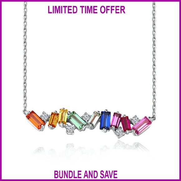 Sterling Silver Curved Bar Pendant Necklace with Gemstones